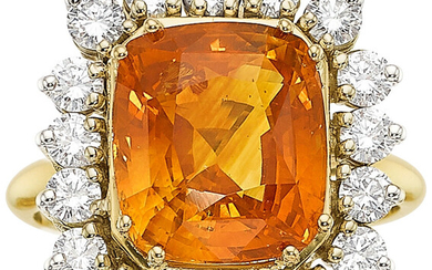 Orange Sapphire, Diamond, Gold Ring Stones: Cushion-shaped sapphire weighing...