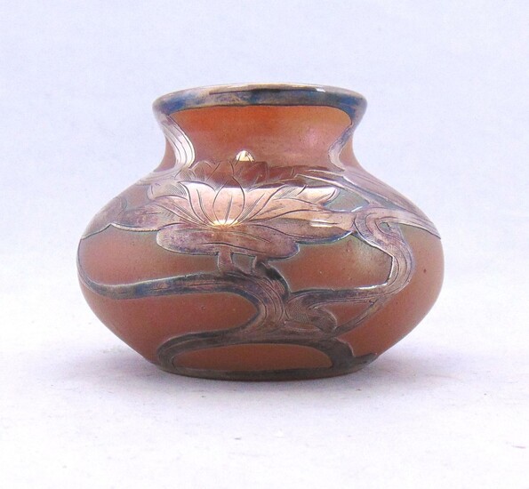 Ovoid Loetz silver overlay vase