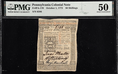 PA-170. Pennsylvania. October 1, 1773. 50 Shillings. PMG About Uncirculated 50.