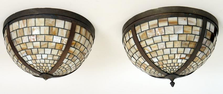 PAIR ARTS & CRAFTS STYLE LEADED GLASS FIXTURES