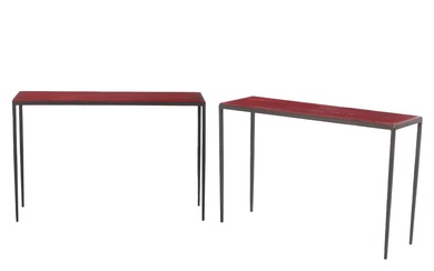 PAIR IRON AND HAND STITCHED LEATHER CONSOLE TABLES IN THE...