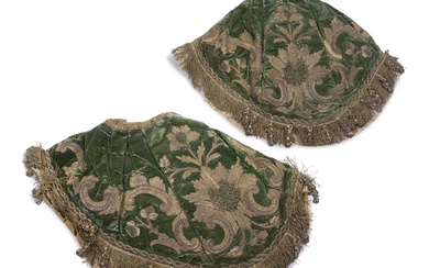 PAIR OF ECCLESIASTICAL GREEN VELVET AND METALLIC THREAD GARMENTS, PROBABLY ITALIAN, LATE 17TH/ EARLY 18TH CENTURY CENTURY 15in. high in front, 7.5in. high in back, 21in. approximate diameter