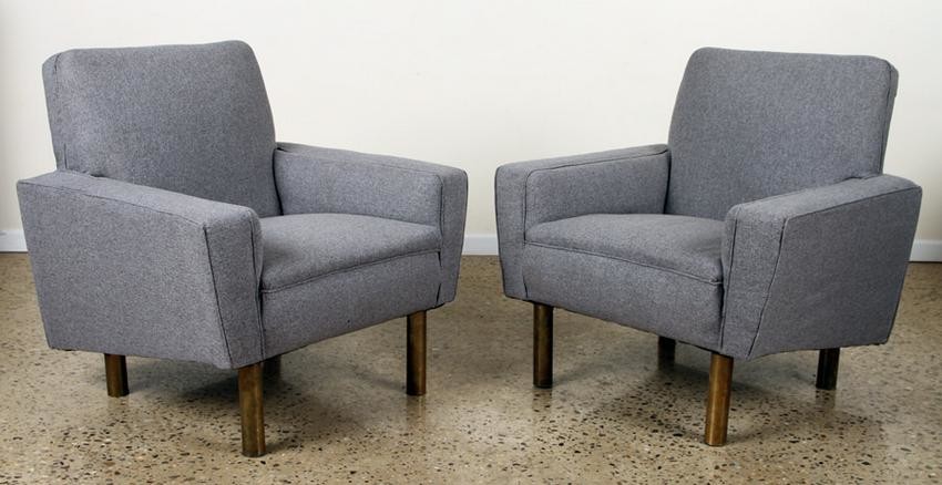 PAIR OF UPHOLSTERED CLUB CHAIRS BRASS LEGS C.1950
