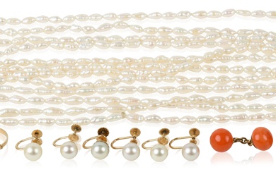PEARL, CORAL AND YELLOW GOLD JEWELRY GROUP