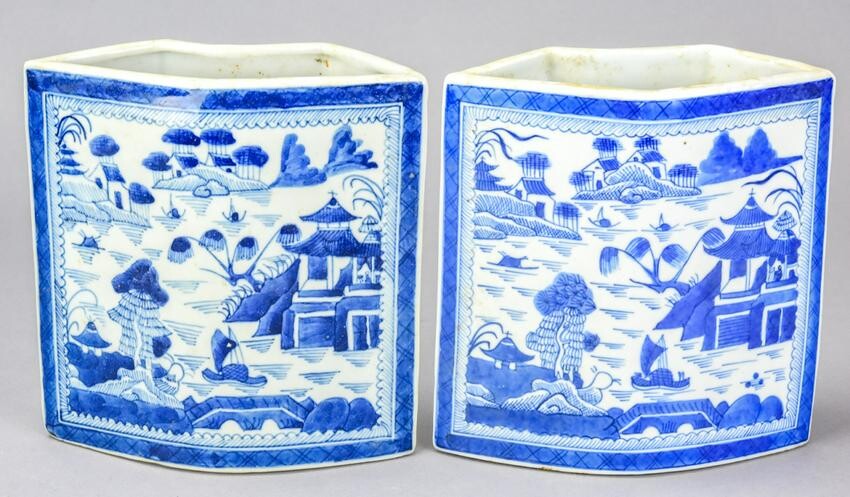 Pair Chinese Canton Blue & White Porcelain Holders