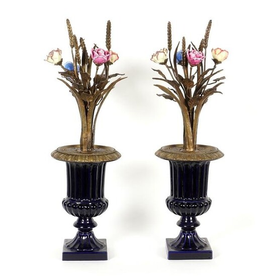 Pair Cobalt Porcelain Urns with Flowers Garniture