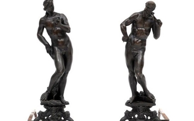 Pair Figural Athena & Hephaestus Bronze Andirons