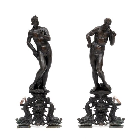 Pair Figural Athena & Hephaestus Bronze Andirons