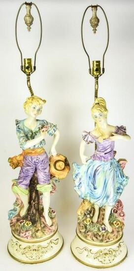 Pair Large Porcelain Figural Male & Female Lamps