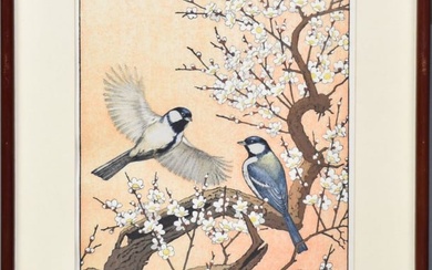 Toshi Yoshida (JAPANESE, 1928–1997) Japanese woodcut with birds, signed lower right, 20 1/2"