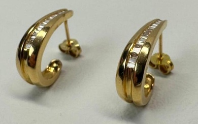Pair of 14k Gold and Baguette Diamond Earrings
