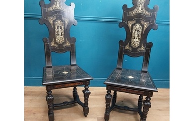 Pair of Aesthetic Movement ebonised hall chairs with inlaid ...