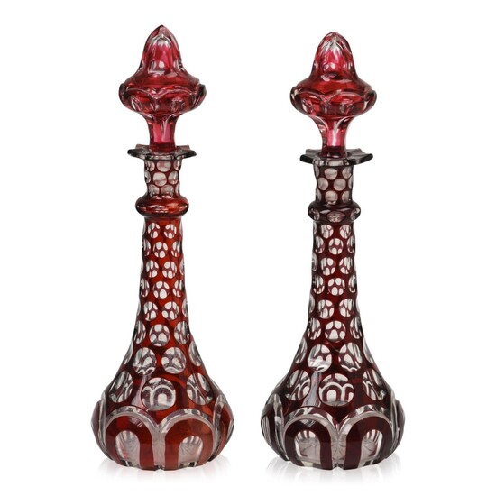 Pair of Bohemian Ruby Overlay Glass Cologne Bottles