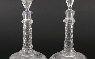 Pair of English Faceted Cut and Etched Glass Neck Wine Decanters, 19th Century