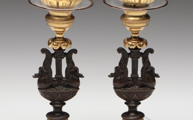 Pair of French Empire Gilt and Patinated Brass Lyre-Base Candlesticks, 19th C