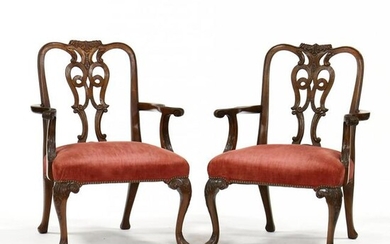 Pair of George II Style Carved Mahogany Arm Chairs