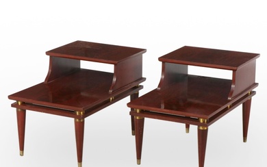 Pair of Mid Century Modern Mahogany-Stained & Laminate Top Stepback Side Tables