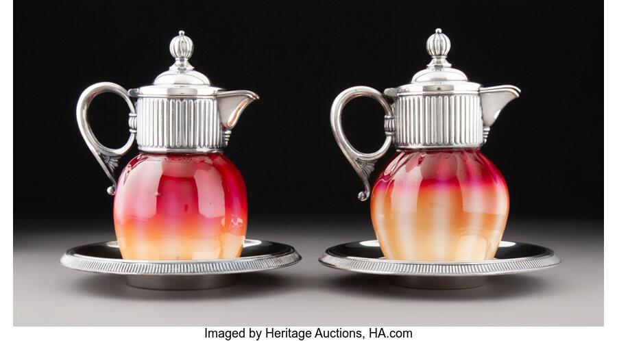 Pair of Plated Amberina Glass and Silver Plate Syrup Jugs on Stands (circa 1900)