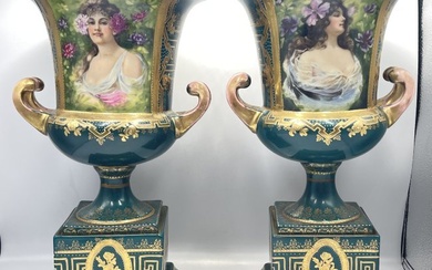 Pair of Royal Vienna Style Portrait Urns
