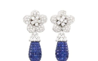 Pair of White Gold, Diamond and Invisibly-Set Sapphire Pendant-Earrings
