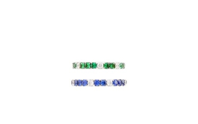 Pair of White Gold, Sapphire, Green Garnet and Diamond Band Rings