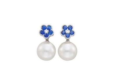 Pair of White Gold, South Sea Cultured Pearl, Sapphire