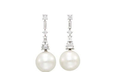 Pair of White Gold, South Sea Cultured Pearl and Diamond Pendant-Earrings