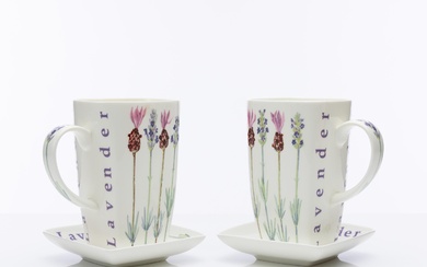 Pair of beautiful large "Crown Trent' porcelain Lavender mugs with matching square saucers. Circa 1998. Made in England. H:14cm Plates 12cm x 12cm