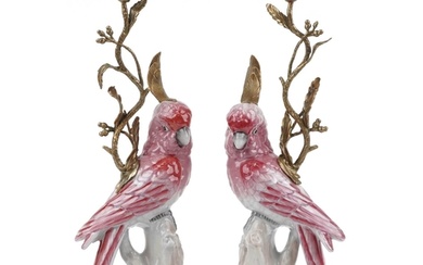 Pair of continental porcelain Cockatiel and gilt bronze cand...