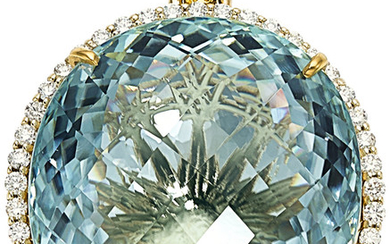 Paraiba-Type Tourmaline, Diamond, Gold Pendant The pendant centers an...