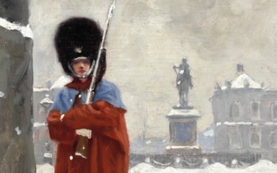 Paul Fischer: Winter day at Amalienborg with a royal guard on duty. Signed Paul Fischer. Oil on panel. 26×18 cm.