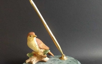 Pen Holder sparrow on green marble Inspirational 1970s