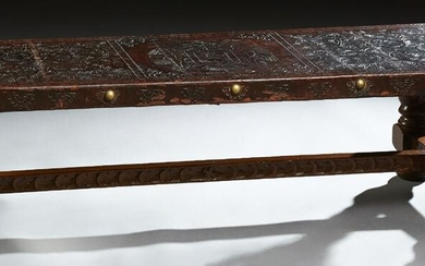 Peruvian Carved Walnut and Leather Bench, late 19th c.