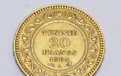 Pièce en or de 20 Francs "Tunisie", datée de 1903, Atelier "A". Poids : 6g45....
