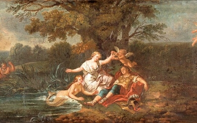 Pittore del XVIII secolo Paesaggio fluviale con Rinaldo e Armida olio su tela...