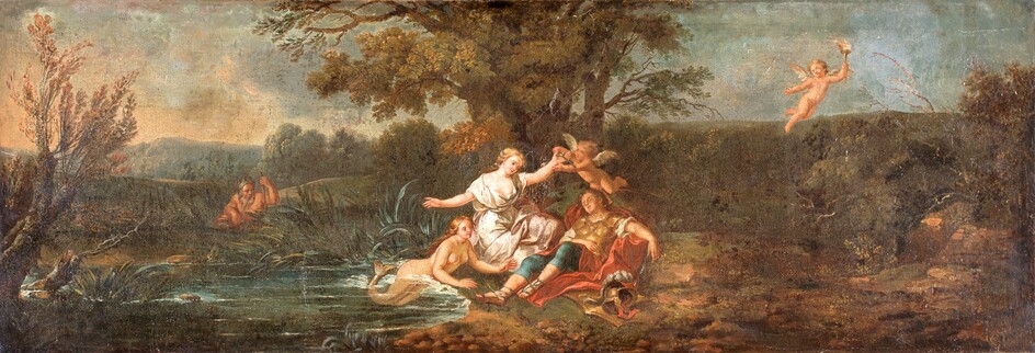 Pittore del XVIII secolo Paesaggio fluviale con Rinaldo e Armida olio su tela...