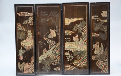 Quatre panneaux en laque Coromandel 'personages', Chine (84x30cm et 84x22cm) (*)