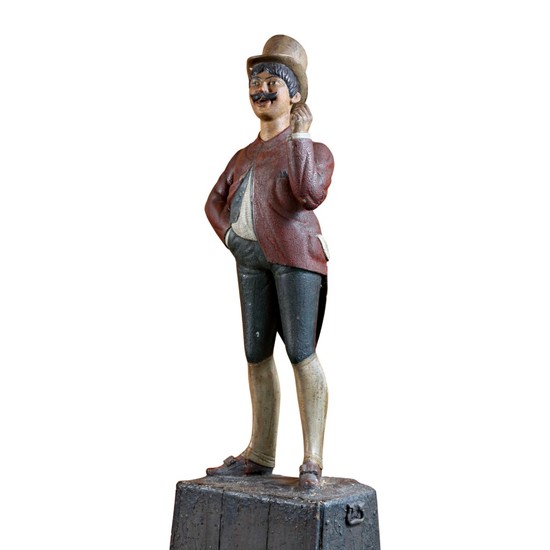 RARE AND IMPORTANT CARVED AND POLYCHROME PAINT-DECORATED PINE RACETRACK TOUT TRADE FIGURE, ATTRIBUTED TO CHARLES PARKER DOWLER (1841–1941),, PROVIDENCE, RHODE ISLAND, CIRCA 1880