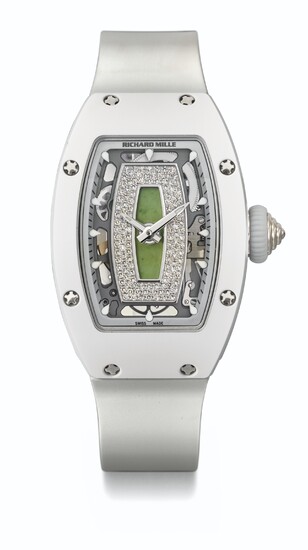 RICHARD MILLE. A LADY'S RARE AND ATTRACTIVE CERAMIC, 18K WHITE GOLD AND DIAMOND-SET TONNEAU-SHAPED LIMITED EDITION AUTOMATIC SEMI-SKELETONIZED WRITHWATCH WITH NEPHRITE DIAL
