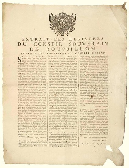 ROUSSILLON. 1742. DOUANE. TOBACCO & COFFEE of the COMPANY OF INDIA. FAUX-SEL - Extract from the registers of the Sovereign Council of Roussillon - PERPIGNAN (66) 6 December 1742 "On what was represented to the King, in his Council, by Pierre LE SUEUR...