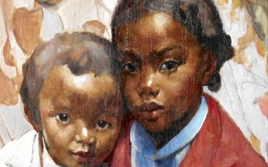 Raymond TELLIER (1897-1985) "Enfants de Tananarive" Huile sur panneau signé en haut à gauche. Localisée...