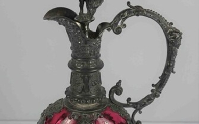 Renaissance Style Pewter and Cranberry Glass Claret Jug, The Stopper is modelled as a Putti