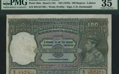 Reserve Bank of India, 100 Rupees, ND (1943), serial number B/9 617401, (Pick 20m, BNB 204, Jhu...