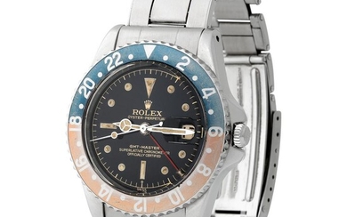 Rolex. Nice and Beautiful GMT-Master “Exclamation Point” Automatic Wristwatch in Steel, Reference 1675, With Black Gilt Dial, Warranty and Bulletin