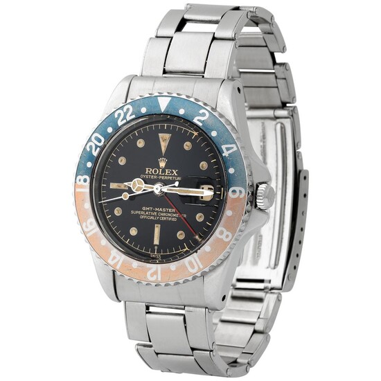 Rolex. Nice and Beautiful GMT-Master “Exclamation Point” Automatic Wristwatch in Steel, Reference 1675, With Black Gilt Dial, Warranty and Bulletin