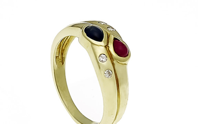 Ruby-sapphire-diamond ring GG 585/000, each with a drop-shaped...