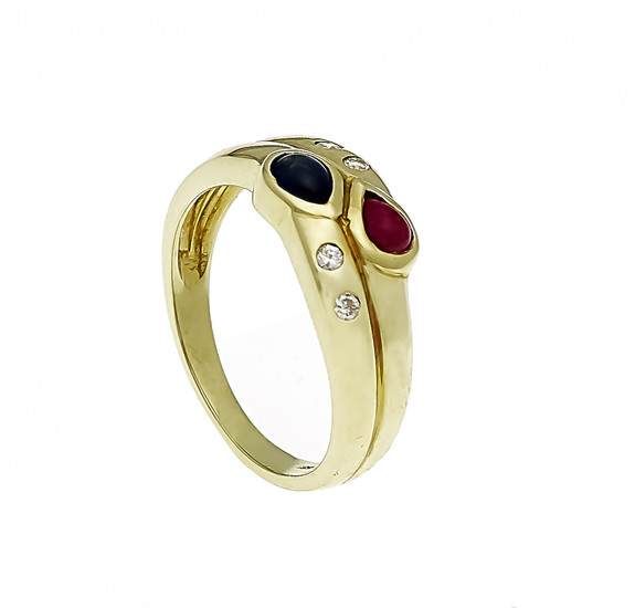 Ruby-sapphire-diamond ring GG 585/000, each with a drop-shaped...