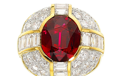 Ruby, Diamond, Gold Ring The ring features an oval-shaped...