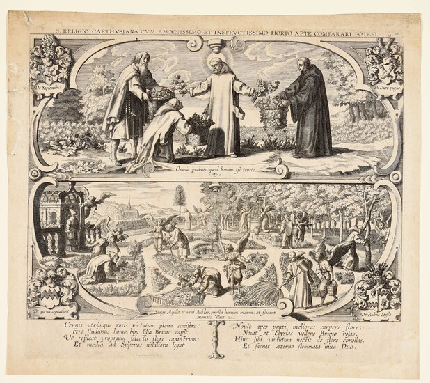 S. Religio Carthusiana. 17th c Engraving, 30 x 33,5 cm, laid paper, unsigned. Carthusian monks...