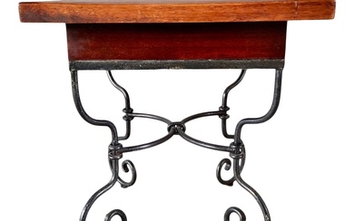 SPANISH OAK AND WROUGHT IRON CENTER TABLE